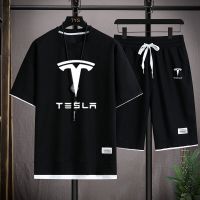 ชุดเสื้อผ้าสองชิ้นผ้าลินินและเสื้อยืดลำลองกางเกงขาสั้น Tesla ชุดออกกำลังกายผู้ชายชุดออกกำลังกายแขนสั้นแฟชั่นฤดูร้อน2023