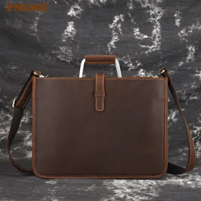 PNDME business simple genuine leather mens briefcase retro casual natural crazy horse cowhide laptop shoulder messenger bags