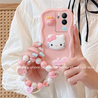 เคส Phone Case VIVO V29 Pro V29e V27 Pro V27e V25 Pro V25e V23 V23e 4G 5G เคสโทรศัพท์ ลายแม่พิมพ์กลม ลายการ์ตูนน่ารักสีชมพู3มิติ Hello Kitty พร้อมด้วยสร้อยข้อมือลูกปัด2023