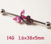 【HOT】 Gift Pop 1ชิ้น1.6X38X5มม. 14G สแตนเลสผีเสื้อยาวอุตสาหกรรม Barbell ดอกไม้ Love Tragus Helix หูเจาะเครื่องประดับ