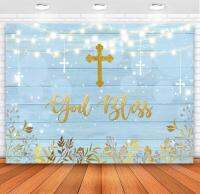 5x3ft Baptism ฉากหลัง God Bless Rustic Blue ไม้ Gold Leaves First Holy Communion Baby Shower การถ่ายภาพพื้นหลัง Christening เค้กตารางตกแต่งแบนเนอร์