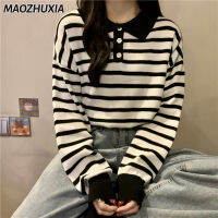 MAOZHUXIA เสื้อยืดคอปกตุ๊กตาผู้หญิงแขนยาวไซส์พิเศษ,ลายทางเย็บเสื้อเชิ้ตลำลองสีตัดกับฤดูใบไม้ร่วง