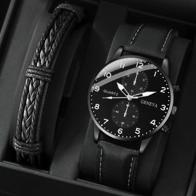 นาฬิกาควอทซ์กลมสีดำ2ชิ้นพร้อมสร้อยข้อมือหนังนาฬิกานักธุรกิจผู้ชายแฟชั่นลำลองสำหรับกีฬาประจำวัน