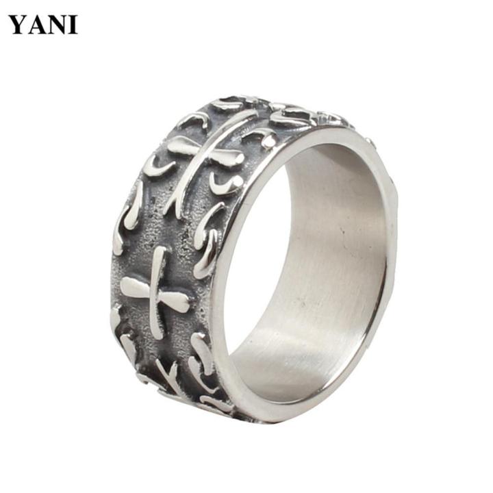 แหวนเหล็กไททาเนียมสำหรับผู้ชายและผู้หญิงไม้กางเขนแบบย้อนยุคแหวนหินพังค์แหวนหาง