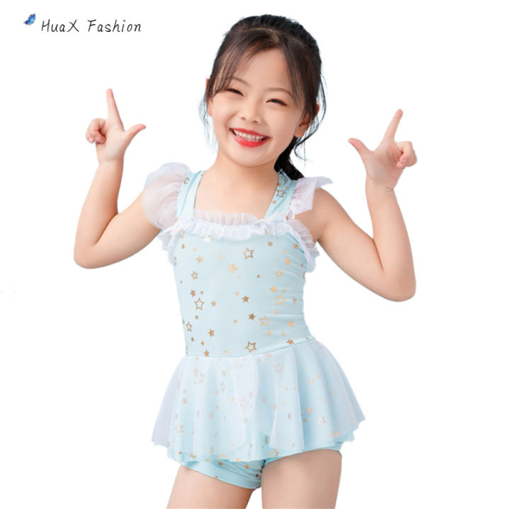 hx-girls-sunscreen-swimwear-one-piece-star-pattern-lace-culottes-ชุดว่ายน้ำสำหรับเด็กอายุ2-5ปี