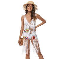 Sexy Crochet Flower Beach Cover Up Fringe Tunic White Knitted Tunics for Woman 2021 Summer Womens Swimsuit Cover-ups Beachwear