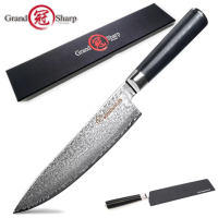 ?พร้อมส่ง?GRANDSHARP Damascus Knife มีดเชฟ 8 นิ้วมีดครัวญี่ปุ่น Damascus VG10 67 ชั้นมีดสแตนเลสคม Black G10 Handle สำหรับทำอาหาร