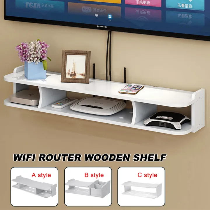 Wall mounted Wooden media shelf WIFI Router Wooden Shelf TV DVD Book ...