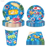 ▦ Summer Pool Party Decorations Disposable Plate Cup Napkin for Boys Girl Birthday Hawaiian Pool Birthday Party Decorations