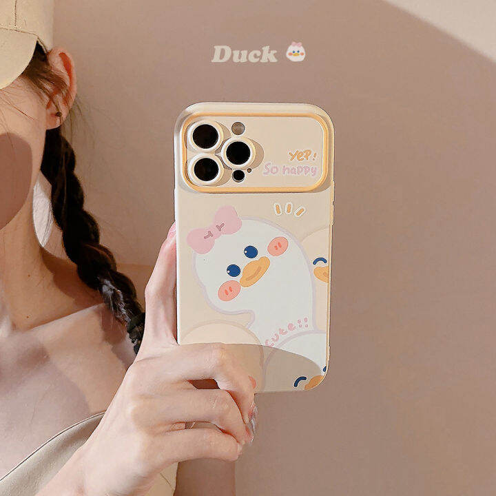 rlucky-เคสซิลิโคนติดโบว์ติดกระจกรูปเป็ดนิ่มน่ารักสำหรับ-iphone-14-13-12-11-pro-max-xr-xs-x-max-8-7-plus-se-2020คลุมทั้งหมดตัวปกป้องกล้องถ่ายรูปโทรศัพท์มือถือสไตล์-ins-เคสเคสสำหรับ-apple-iphone-ผู้หญิง