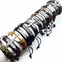 Brand New 10pcs cross mens genuine leather Bracelet black brown Jesus metal Christ mix styles male real cuff bangle jewelry