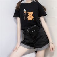 ⊕☌ 2023 new summer style bear black short top for women design sense ins student versatile loose short-sleeved t-shirt for women