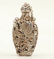 ♂₪ Chinese Retro Tibetan Silver Hand Carved Bird Crane Statue Cutout Snuff Bottle