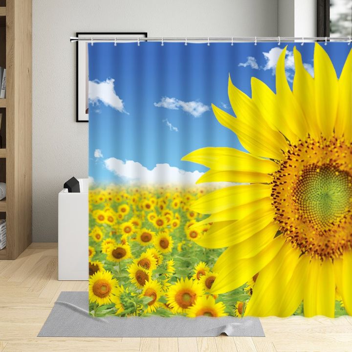 butterfly-sunflower-shower-curtains-nature-yellow-flowers-creative-grey-wooden-board-rural-plant-polyester-fabric-bathroom-decor