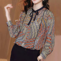 เสื้อชีฟองริบบิ้นผูกโบว์เสื้อชีฟองสำหรับผู้หญิงเสื้อทรงหลวมสไตล์เกาหลีแขนยาว