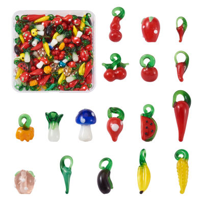 200pcs Handmade Lampwork Beads Mixed Fruit Vegetables Charms Pendants Mushroom Cherry Strawberry Banana Apple Hot Pepper Charms