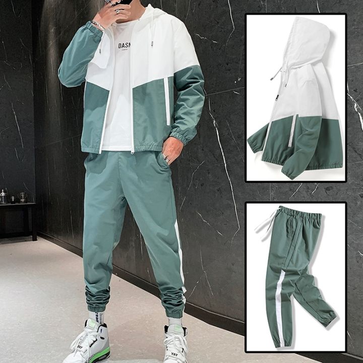 dropshipping-patchwork-ฮิปฮอปสบายๆของผู้ชายชุด2020สไตล์เกาหลี2ชิ้นชุดเสื้อผ้าผู้ชาย-streetwear-ฟิตเนสเสื้อวอร์มสำหรับผู้ชาย
