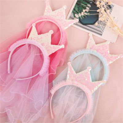 Elegant Princess Hair Accessory Birthday Decoration Hair Band Wooden Ear Rim Headband Mesh Hair Band With Sequins Cute 3D Crown Hair Accessory