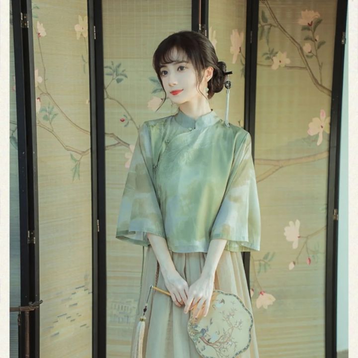 2023ชุดจีน-กระโปรง-tangsuit-จีนชุดเสื้อผ้าเสื้อผู้หญิงพิมพ์ลายฮันฟู