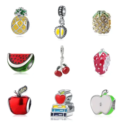 New Original Alloy Bead Fruit Apple Avocado Cherry Watermelon Charm Enamel Fit Pandora Bracelet Bangle DIY Women Jewelry