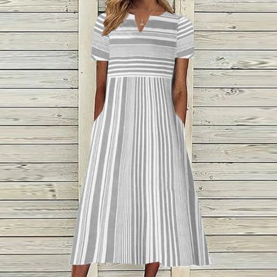 2022 Vintage Boho Stripe Print Women Sundress Summer Fashion V-Neck Short Sleeve Dress Elegant Ladies Midi Dress Femme Vestidos