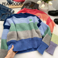 PEAR DODO เสื้อกั๊กสั้นคอกลมเกาหลีลายรุ้ง Atasan Bahan Rajut สำหรับผู้หญิง