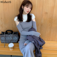 Woherb Knitted Dress Women Long Sleeve Casual Hollow Out Color Patchwork Dresses 2022 New Korean Fashion Bodycon Vestido Vintage