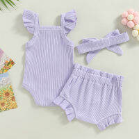 4สี Baju Bayi Perempuan ทารกแรกเกิดในฤดูร้อนสำหรับเด็กทารกเสื้อผ้า Ribbed ถักแขนยาว Rompers + กางเกงขาสั้น Ruffles + Headwear ชุด