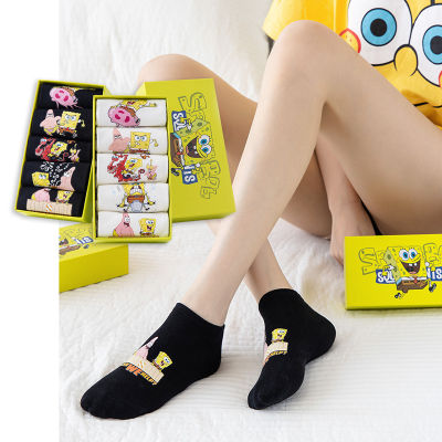 ถุงเท้าผู้หญิง SpongeBob พิมพ์ลายการ์ตูนบรรจุกล่องถุงเท้าเรือ ins สไตล์ญี่ปุ่นฤดูใบไม้ผลิและฤดูร้อนแบบบาง 5 กล่องของขวัญคู่ถุงเท้าสั้น