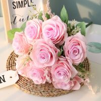 ◇ Pink Silk Roses Artificial Fake Bouquet Wedding Bridal Bouquets Home Garden Restaurant Table Top Green Plant Flower Decoration