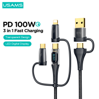 USAMS PD100W 3 In 1สายชาร์จเร็วใสดิจิตอล Displa QC 3.0 USB-A สายชาร์จเร็ว + Type-C กับ Lightning + Type-C + อะแดปเตอร์ไมโคร4 In 1ชาร์จเร็วสำหรับ S20 Samsung P40 Huawei สำหรับ Xiaomi 10สำหรับ Vivo X60สำหรับ OPPO สำหรับ iPhone