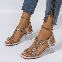 Summer Women Sandals Pvc Crystal Flower Decoration Chunky Heel Peep Toe Back Strap Elastic Band Elegant Fashion Shoes Ladies 4