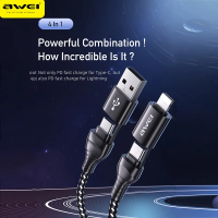 Awei CL-126หนึ่งบรรทัดสี่การชาร์จเร็วสายเคเบิลข้อมูลสายชาร์จแบบ2 TYPE-C 1 USB สายถัก1สายยาว1.2เมตรอลูมิเนียมอัลลอยด์ผิวนอกสายชาร์จเร็ว60วัตต์