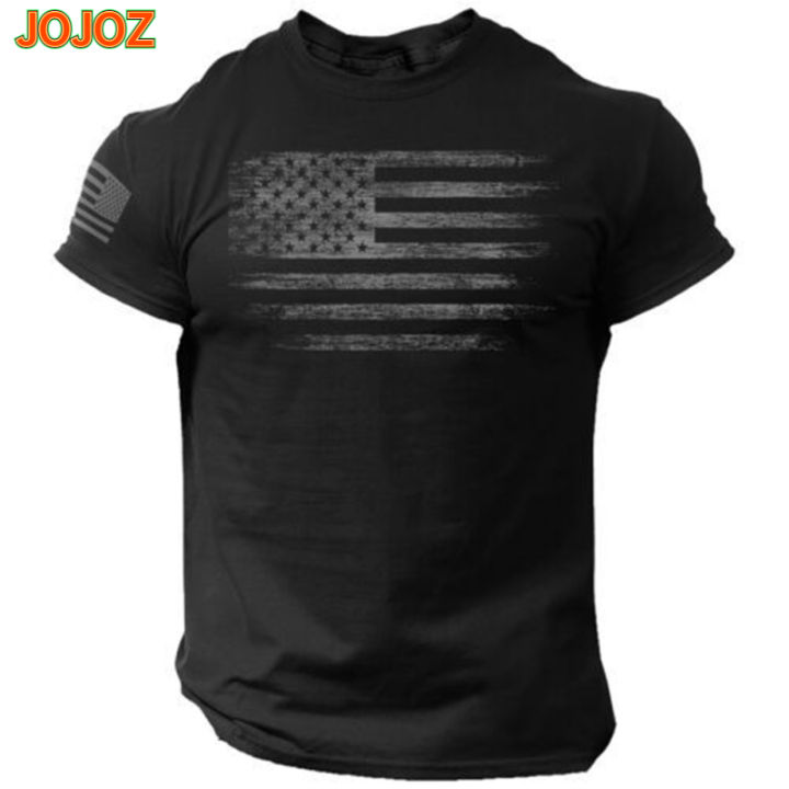 jojoz-เสื้อยืดผู้ชาย-เสื้อยืดแขนแขนสั้นคอกลมลำลองแฟชั่น-baju-atasan-olahraga-พิมพ์ลายธงชาติอเมริกา