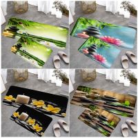 Zen Green Bamboo Kitchen Floor Mat Set Lotus Candle Black Massage Stone Spa Scenic Home Room Decor Carpet Non-Slip Rug Bath Mats