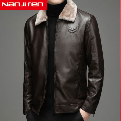 Nanjiren แจ็คเก็ตหนังหนาใหม่บุรุษฤดูหนาวฤดูใบไม้ร่วงของผู้ชายแฟชั่นปกขนเฟอร์เทียมกันลมอบอุ่นชายเสื้อผ้าแบรนด์ (M-4XL)