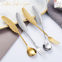 Violet Flamingo ช้อนส้อมขนม ปลายขนนก รุ่น Feather Fork and Spoon วัสดุเป็นสแตนเลส304 ไม่ลอกไม่ดำ ช้อนกาแฟ ช้อนชา