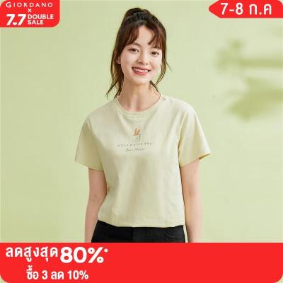 GIORDANO Women T-Shirts Low Tea Print Lightweight Summer Tee 100% Cotton Short Sleeve Crewneck Fashion Casual Tshirts 13393202