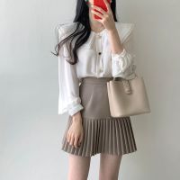 ✴✓◐ 38598 Doll collar solid color long sleeves shirt/ High Waist Pleated Half Skirt