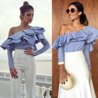 【Feb】 Fashion Womens blue white striped One Shoulder Blouse Ruffles Long Sleeve Casual women 39;s shirt blouses top plus size S to 2XL