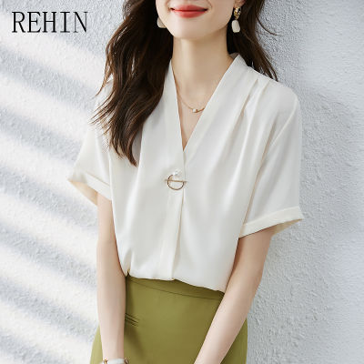 REHIN เสื้อผู้หญิงคอวีผ้าซาตินหรูหรา,เสื้อแขนสั้นทรงหลวมฤดูร้อนแฟชั่นสไตล์เกาหลีแบบใหม่
