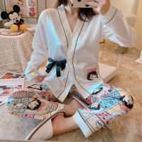 Pajama set womens ice silk satin spring autumn Japanese lace cute kimono summer home wear suit kawaii pajamas women