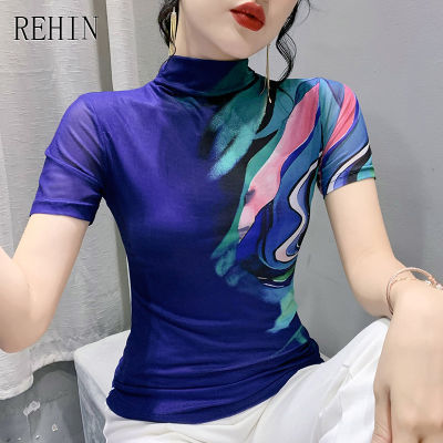 REHIN ผู้หญิงแขนสั้นเสื้อยืดคอสูงเสือดาวพิมพ์ Slim S-3XL ตาข่ายเสื้อ Elegant