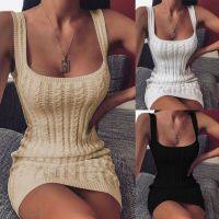 【Ladies shop】ผู้หญิง Bodycon ถักแขนกุดสีทึบกางเกงขาสั้นชุดราตรีชุดราตรี Sundress