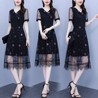 [COD] 2022 summer new suit collar fat mm hollow sequins embroidered mesh stitching slim simple V-neck dress