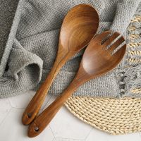 2Pcs Wooden Salad Servers Spoon Fork Set Long Handle Large Dinner Serving Cooking Untensils Cutlery Kitchen Tableware