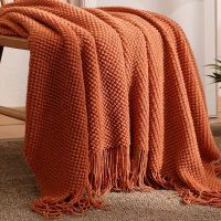 xixibeauty 1pc Morandi Orange Tassel Knitted Blanket, Soft Warm Throw Blanket Nap Blanket For Couch Sofa Office Bed Camping Travelling