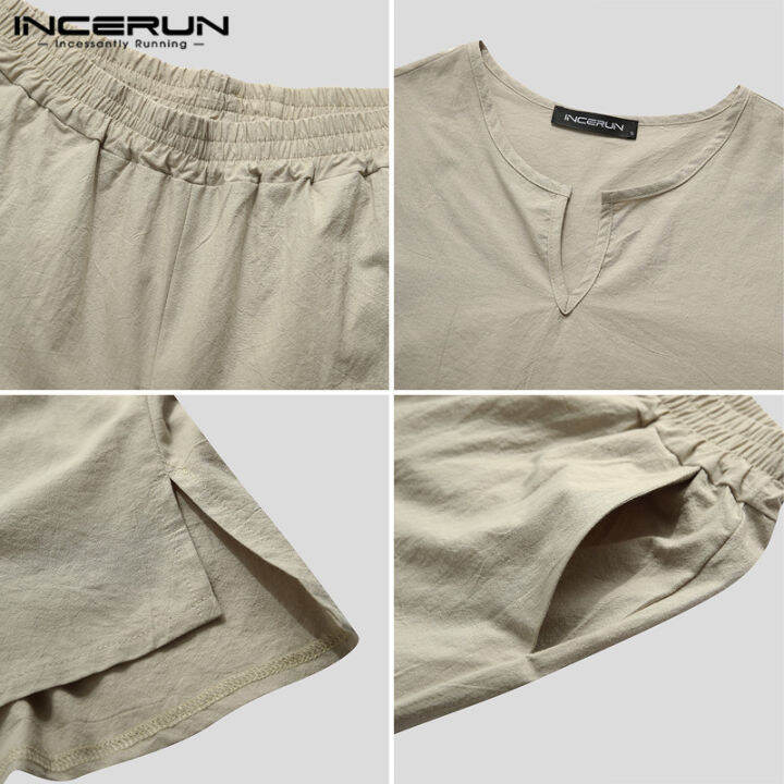 incerun-กางเกงนอนเลานจ์ด้านบนชุดนอนผ้าฝ้ายผ้าลินินแขนยาวสำหรับผู้ชาย2ชิ้นชุดนอน-ลดล้างสต๊อก-3