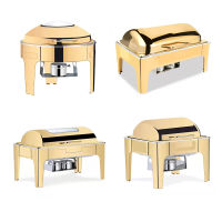 Party Catering Equipment บุฟเฟ่ต์ชุดประหยัดรอบม้วนด้านบน Chafer Luxury Gold Fuel อุ่นอาหาร Chafing Dishes