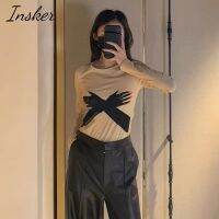 Insker- เสื้อยืดลําลอง แขนยาว คอกลม พิมพ์ลายมือ เข้ารูป สําหรับสตรี V728